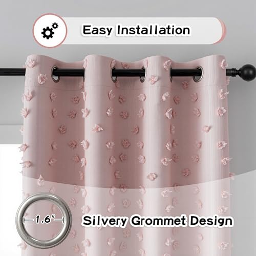 100% Blackout Curtains for Girls Bedroom 90 Inch Long Total Room Darkening Curtain for Living Room 2 Panels Grommet Light Blocking Sliding Door Drapes Blush Pink Pom Pom Sheer 50" x 90"
