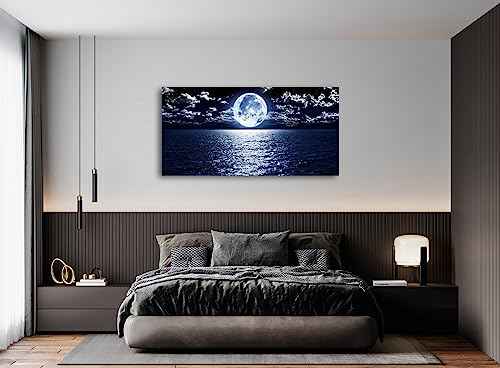S06998 Wall Art Canvas Prints Moon Sea Ocean Landscape 1 Panels Full Moon in Cloud Pictures Paintings Stretched and Framed for Living Room Bedroom Kicthen Office Artwork