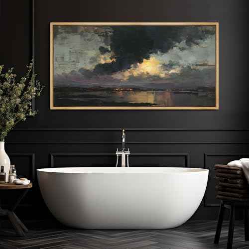 Extra Large Framed Canvas Print Wall Art Misty Lake Landscape Antique Retro Fine Art Illustrations Decorative Colorful for Bedroom