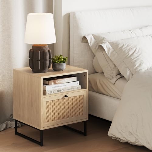 Mina Rattan Wood End Side Accent Table Nightstand with Storage for Living Room or Bedroom