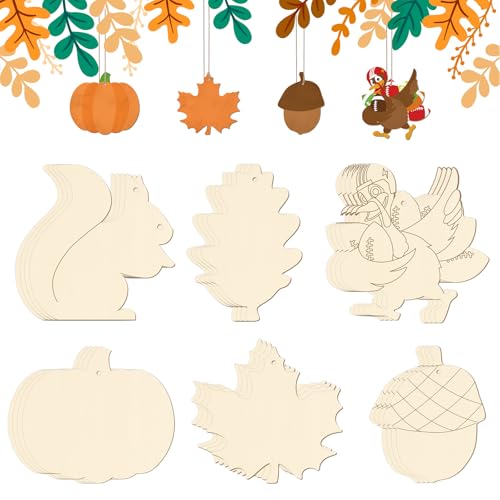 24 PCS Unfinished Wooden Thanksgiving Crafts Mixed Shaped Hanging Ornaments (24 Count)