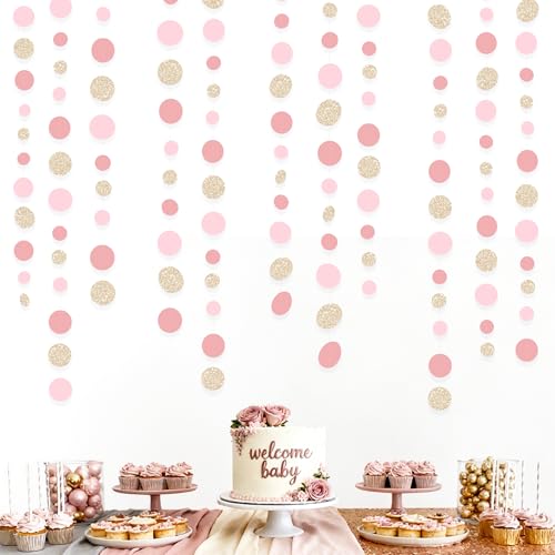 Champagne Gold Rose Pink Polka Dot Garland Champagne Dusty Pink Circle Dot Hanging Streamer Banner for Birthday Bridal Shower Wedding Engagement Retirement Boho Party Decorations Supplies