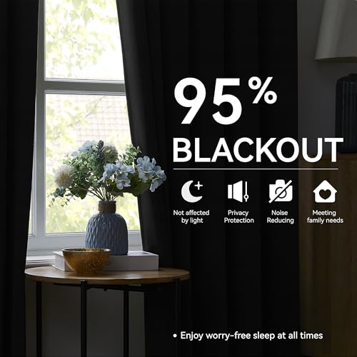 Solid Black Blackout Pinch Pleat Curtains 96 Inches Long for Living Room (2 Count)