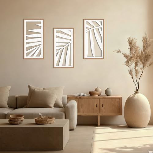 Tropical Palm Tree Leaf Wood Wall Art White Framed 8x16 Inch Set of 3 Hawaii Plant Leaves Wooden Wall Decor Minimalist Boho Artwork for Living room Bedroom Office