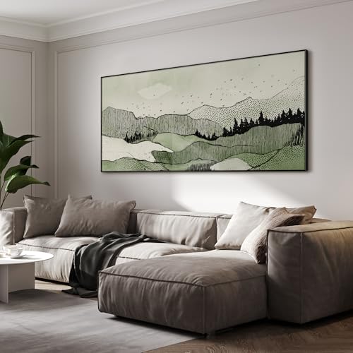 36"x72" Extra Large Framed Wall Art Green Line Art Mountain Landscape Illustration for Home Living Room Bedroom Decor