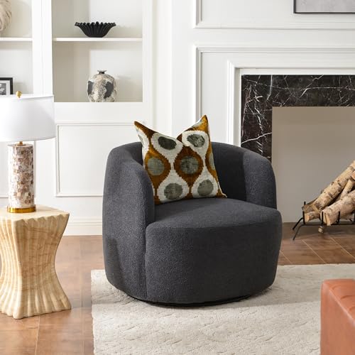 34" W Boucle Swivel Barrel Chair with Toss Pillow