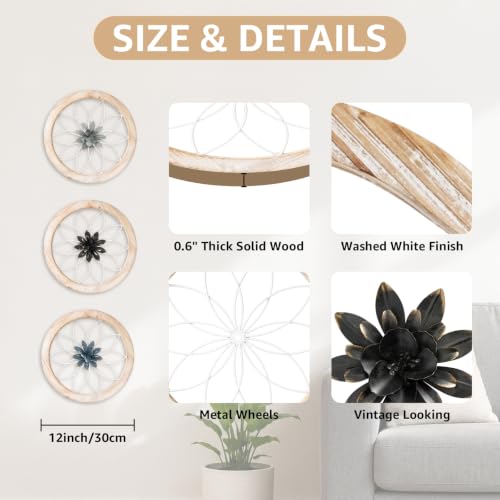 3 Piece Round Farmhouse Wall Decor with 6 Piece Interchangeable Flowers 12'' Medallion Wood & Metal Rustic Wall Art for Living Room Bedroom Kitchen Bathroom Dining Room Home Decorations (3 Count)