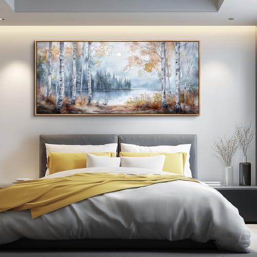 Trees Forest Landscape Painting Wall Art For Living Room Large Canvas Wall Decor For Bedroom Office Decorations Lake view Wall Pictures Home Decor Printing Artwork Wood Framed 32"X72"