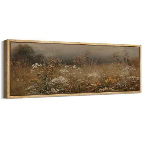 Large Framed Canvas Print Wall Art Autumn Meadow Landscape Rustic Field Illustrations Antique Retro Fine Art Illustrations Decorative Colorful for Bedroom