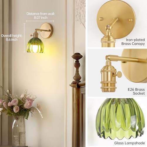 Vintage Battery Operated Wall Sconce with Green Tulip Glass Lampshade 5000 mAh Rechargeable Battery Powered Wall Light with Remote Control for Bedside Bedroom Doorway (2 Count)