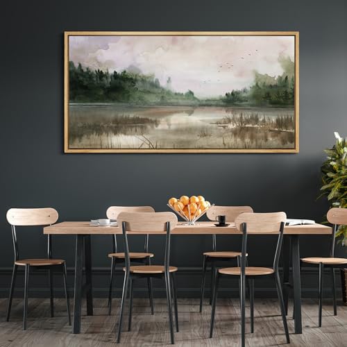 Extra Large Framed Canvas Print Wall Art Tranquil Lake Reflections Nature Landscape Illustrations Antique Retro Fine Art Illustrations Decorative Colorful for Bedroom