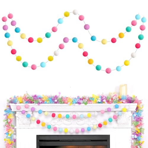 2pk Pom Pom Garland Party Decorations 13FT Colorful Large Felt Ball Garland Macaron Tree Decorations for Mantle (26 Foot)