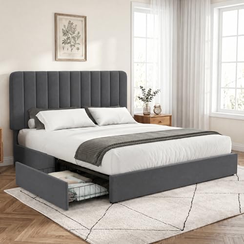 Queen Size Upholstered Bed Frame with 4 Drawers and Headboard