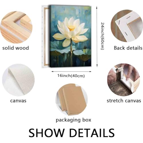 Abstract Lotus Canvas Wall Art White Flower Painting Zen Poster Abstract Floral Artwork 16x24inch framed