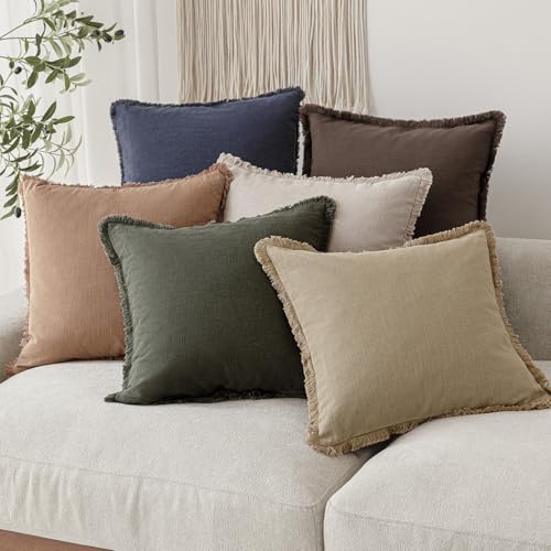 Boho Linen Fringe Lumbar Throw Pillow Covers 12×20 Tan Beige (2 Count)