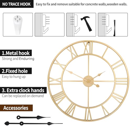 Vintage Retro Roman Numerals Metal Gold Large Wall Clock