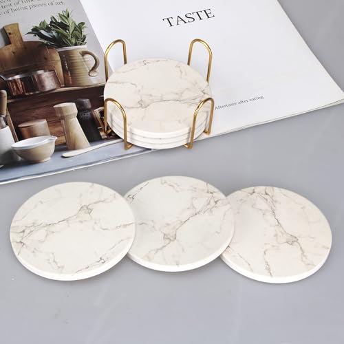 White Marble Coasters Set of 6 Absorbent Ceramic Cute Drink Coaster Holder (6 Count)