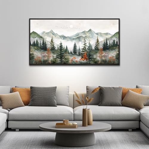 Large Black Framed Wall Decor For Living Room Canvas Wall Art For Office Wall Decorations For Bedroom Forest Mountain Landscape Painting Modern Pictures Artwork Home Decor 24x48 In