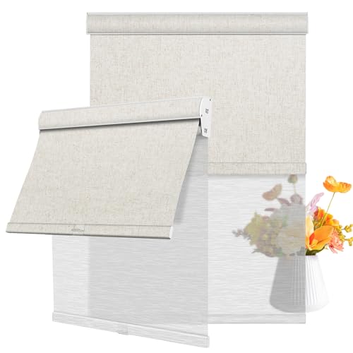 Cordless Dual Roller Shades.Linen Beige&See