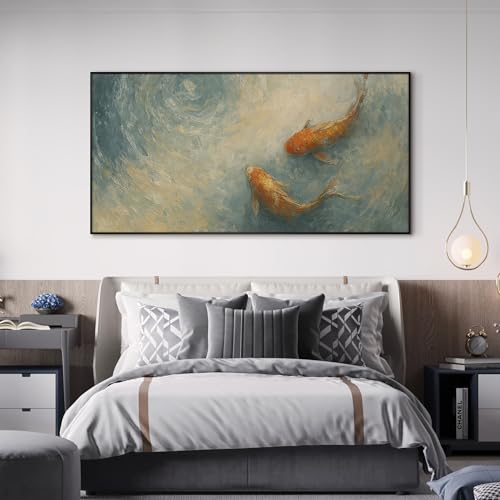 36"x72" Extra Large Framed Wall Art Koi Fish Swirl Tranquil Water Illustration for Home Living Room Bedroom Decor