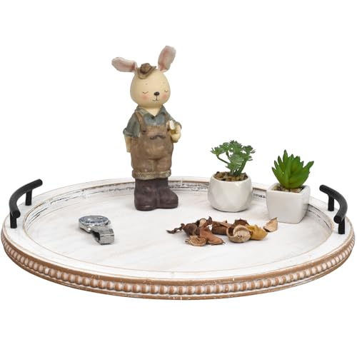 18Inch White Wooden Beaded Serving Tray with Handle Decorative Rustic Whitewashed Tray for Coffee Table Farmhouse Round Tray for Kitchen