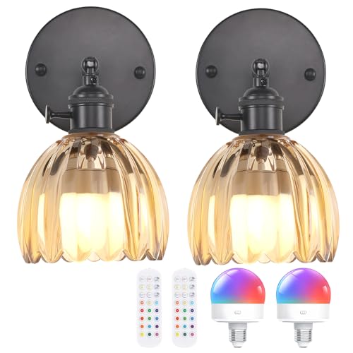 Vintage Battery Operated Wall Sconce with Amber Tulip Glass Lampshade Rechargeable Battery Powered Black Wall Light with Remote Control for Bedside Bedroom Doorway (2 Count)