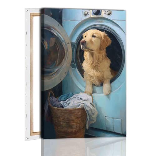 Laundry Room Canvas Wall Art Laundry Sign Painting Prints Vintage Funny Dog Artwork 16x24inch framed