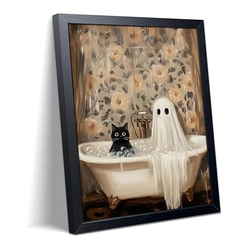 Funny Black Cat Bathroom Wall Art Framed Canvas Print