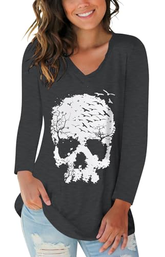 Skull Shirts for Women Skeleton Funny Gothic Graphic Casual Long Sleeve T