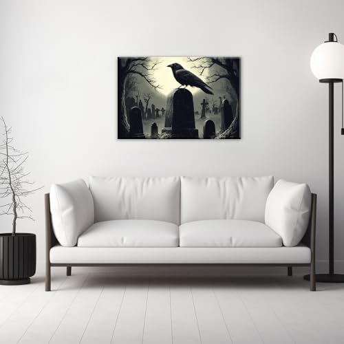 Crow Canvas Wall Art Gothic Black Bird On Branch Painting Print Spooky Forest Full Moon Scenery Poster Artwork Framed Halloween Home Decor