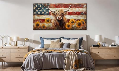Country Highland Cow Wall Art for Living Room Rustic Retro Vintage American Flag Sunflower Canvas Painting Prints Highland Cattle Artwork Farmhouse Bedroom Office Decor
