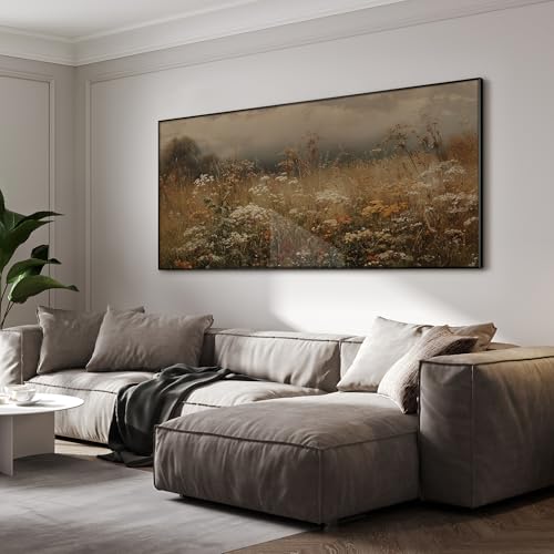 24"x46" Extra Large Framed Wall Art Autumn Meadow Landscape Rustic Brown and Golden Field with Wildflowers Country Illustration for Home Living Room Bedroom Decor