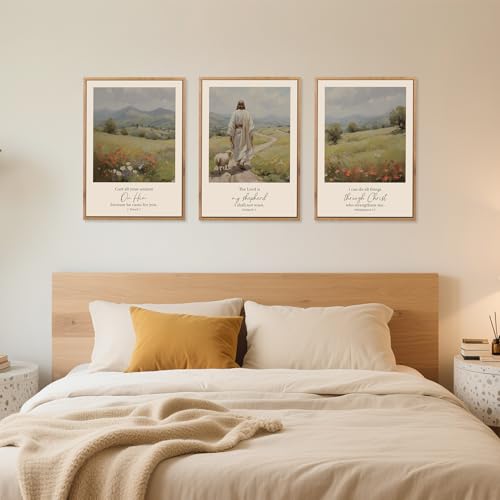 3 Pcs Jesus Scripture Landscape Framed Canvas Wall Art 24x36 Inch (3 Count)