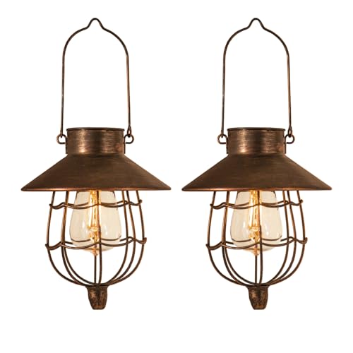 2 Pack Solar Lantern Hanging Waterproof Outdoor Metal Solar Lamp with Warm White Light Decorate for Yard Garden Pathway Patio Porch Decor