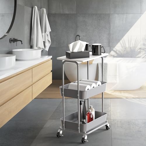 2 Tier Rolling Utility Cart Wood Top