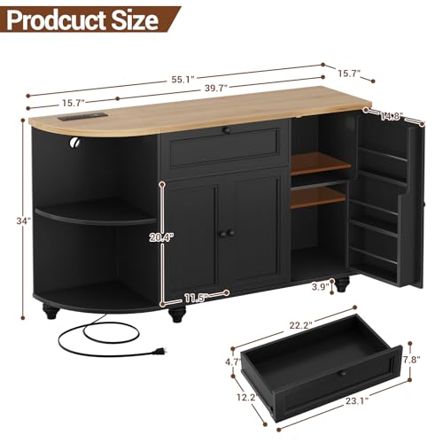 55" Black Bar Cabinet with Charging Station