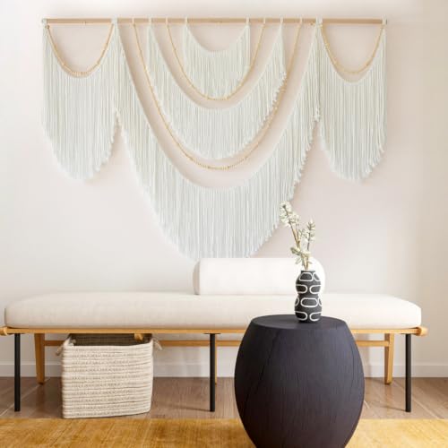 Macrame Wall Hanging Boho Yarn Art Tassel Beaded Handmade Decor 57"W*41"L