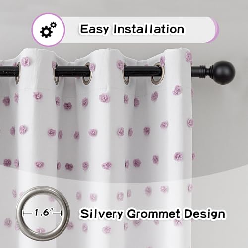 100% Blackout Curtains for Girls Bedroom 63 Inch Long Purple Pom Pom Curtains for Kids Room 2 Panels Room Darkening Window Treatment 2 Layered Drapes Toddler Grommet 50W x 63L (2 Count)