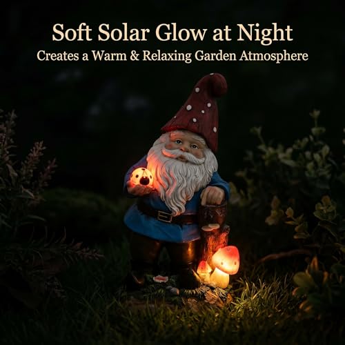Solar Garden Gnome Statue with Glowing Ladybug & Mushroom