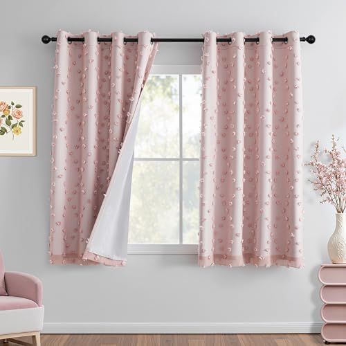 Blush Pink Pom Pom Blackout Curtains for Girls Bedroom 63 Inch Long 100% Room Darkening Curtain for Kids Room 2 Panels Small Window Treatment Grommet 2 Layered Drapes Toddler 50W x 63L (2 Count)
