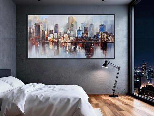 Brooklyn Bridge Wall Art Modern New York Abstract Canvas Cityscape Painting NYC Skyline Textured Picture for Living Room Bedroom Home Office Wall Decor Extra Large Size Black Wood Framed 58"x29"