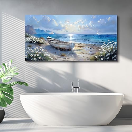 Wall Art For Living Room Canvas Wall Decor For Bedroom Office White Flower Seaside Landscape Painting Restaurant Decorations Printing Picture Artwork Ready To Hang Home Decoration 20"X40"