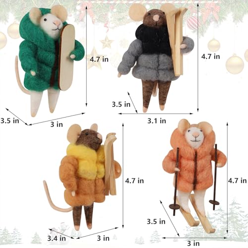 Set of 4 Christmas Felt Skiing Mice Ornaments (4 Count)