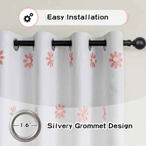 Pink Floral Blackout Curtains for Nursery Thermal Insulated Flower Sheer Curtain 72 Inch Long for Girls Bedroom Double Layered Window Drapes for Dining Room Grommet (2 Count)
