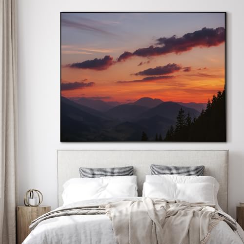 46"x60" Extra Large Framed Wall Art Scenic Sunset Over Mountain Range with Glowing Sky for Home Living Room Bedroom Decor