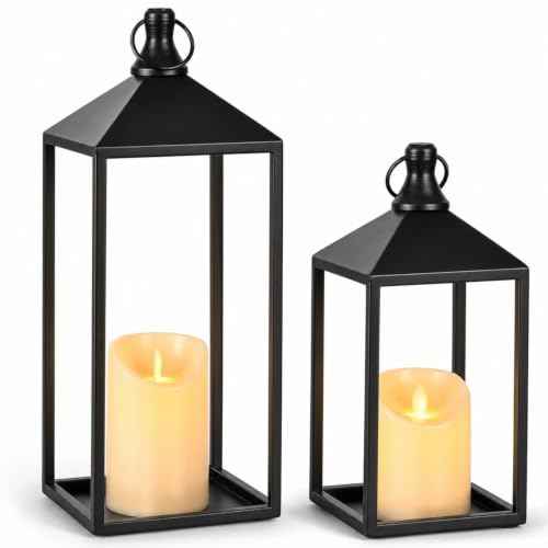 2 Pcs Black Decorative Metal Lanterns Farmhouse Lantern Decor with Candles (2 Count)