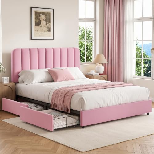 Full Size Upholstered Bed Frame with 4 Drawers and Headboard