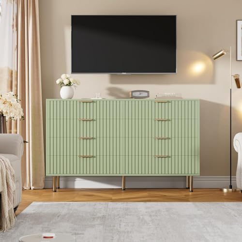 55" Fluted Green 8 Drawer Dresser for Bedroom with Deep Drawers