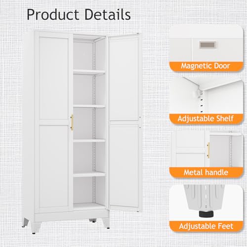 71" Tall Metal Pantry Storage Cabinet with Doors and 4 Adjustable Shelves