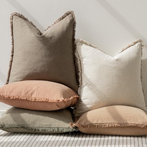Decorative Linen Fringe Throw Pillow Covers 20×20 Light Brown (2 Count)
